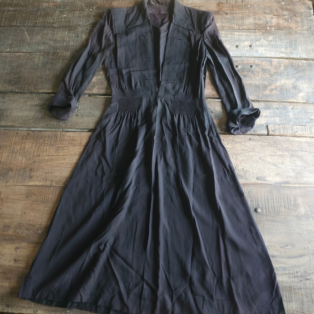 Vintage 1930s 1940s Black Crepe Smocked Waist Day Dress Side Metal Zip Gown Asis